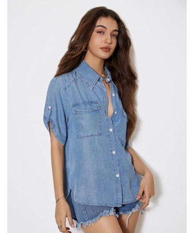 Denim Shirts for Women Button Down Tops Casual Blouses Long Short Sleeve Loose Fit Shacket Shirt Tops Light Blue $19.54 Blouses