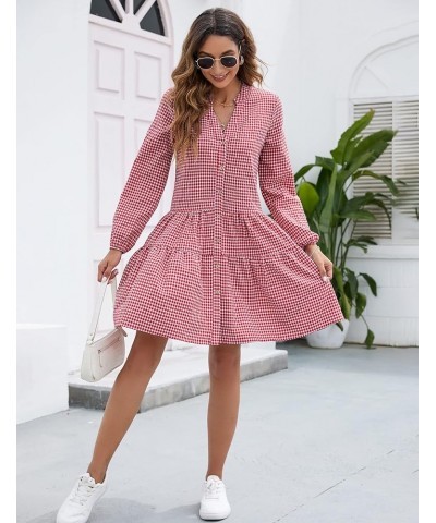 Women's Casual Plaid Dress Long Sleeve V Neck Button Down Short Dress Ruffle Swing Pleated Mini Dress Red $3.41 Dresses