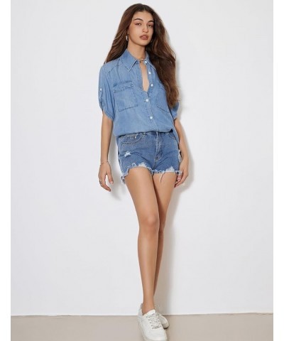 Denim Shirts for Women Button Down Tops Casual Blouses Long Short Sleeve Loose Fit Shacket Shirt Tops Light Blue $19.54 Blouses