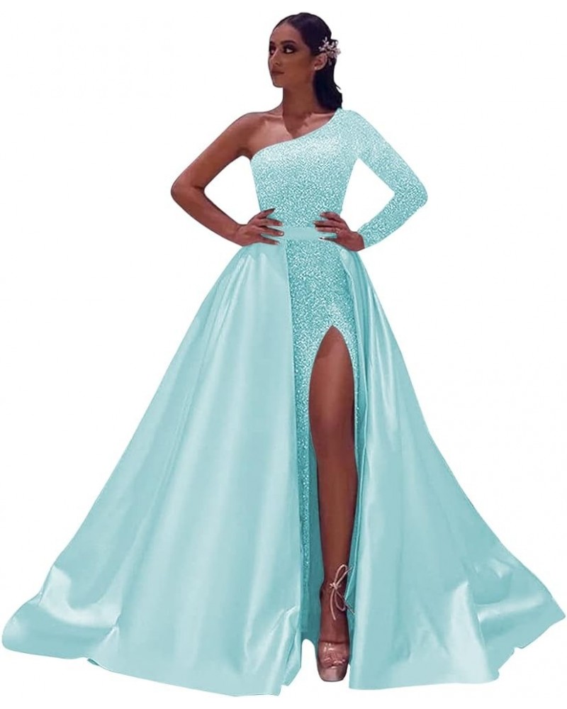 Women's Sequin Long Prom Dresses with Slit Long Sleeves Mermaid Satin Formal Evening Ball Gown with Detachable Train DE36 A-l...