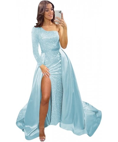 Women's Sequin Long Prom Dresses with Slit Long Sleeves Mermaid Satin Formal Evening Ball Gown with Detachable Train DE36 A-l...