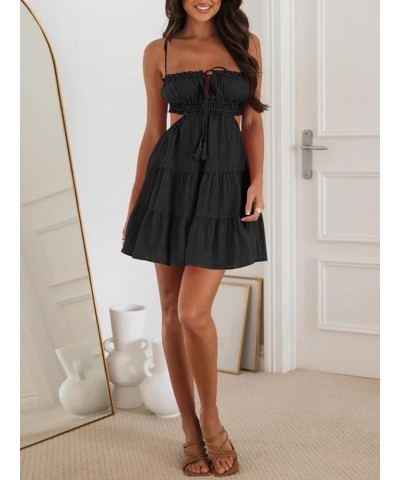 Women's Summer Beach Mini Dress Adjustable Spaghetti Straps Sexy Backless Tiered Sleeveless Boho Dresses Black $22.43 Dresses