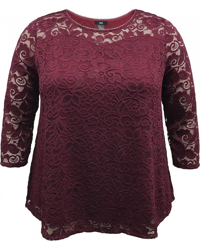 Women's Plus Size Lace Top (1X-5X) 3/4 Sleeve / Burgundy $12.74 Blouses