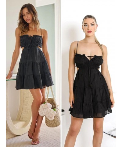 Women's Summer Beach Mini Dress Adjustable Spaghetti Straps Sexy Backless Tiered Sleeveless Boho Dresses Black $22.43 Dresses