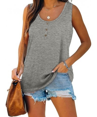 Large Size Tank Tops for Women Solid Color Summer Sleeveless Henley T-Shirts Tops Casual Button Down Tunics Shirts Gray-a $8....