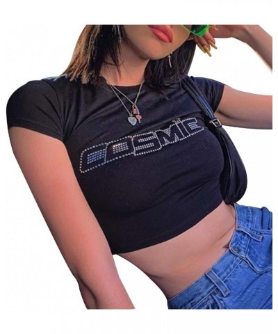 Women's Graphic Print Crop Shirt Kawaii Summer O Neck Short Sleeve Tee Top E Girl Y2k Aesthetic Clothes E Cosmic Black $7.28 ...