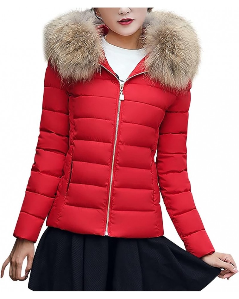 Puffer Jacket Womens Plus Size Winter Quilted Jacket Long Sleeve Zip Up Hooded Down Coat Winter Outerwear With Pockets Red $2...