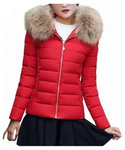 Puffer Jacket Womens Plus Size Winter Quilted Jacket Long Sleeve Zip Up Hooded Down Coat Winter Outerwear With Pockets Red $2...