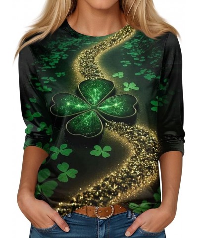 Three Quarter Sleeve Tops Ladies Shirt St.Patrick's Printed Blouse Basic Tunic Round Neck 2024 Spring Tee Loose Tunic 4-black...