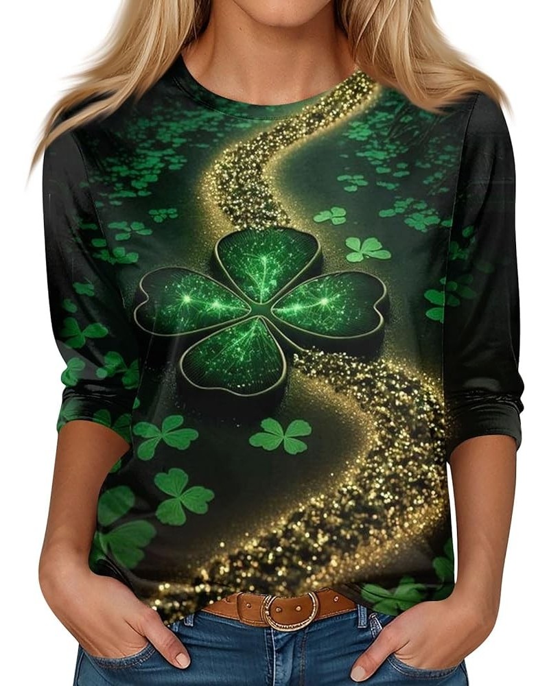 Three Quarter Sleeve Tops Ladies Shirt St.Patrick's Printed Blouse Basic Tunic Round Neck 2024 Spring Tee Loose Tunic 4-black...