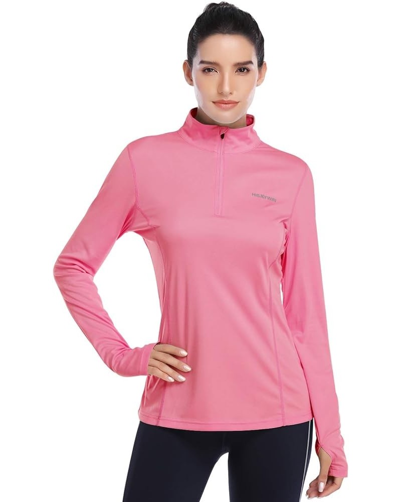 Womens UPF 50+ Sun Protection Tops Long Sleeve Half-Zip Thumb Hole Outdoor Performance Workout Shirt Pink $11.99 Activewear