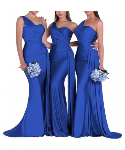 One Shoulder Mermaid Bridesmaid Dresses for Wedding Bodycon Satin Formal Prom Dresses 2023 with Slit Royal-blue $24.50 Dresses