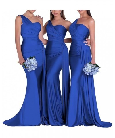 One Shoulder Mermaid Bridesmaid Dresses for Wedding Bodycon Satin Formal Prom Dresses 2023 with Slit Royal-blue $24.50 Dresses