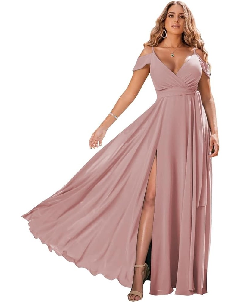 Women's Off Shoulder Long Bridesmaid Dresses Chiffon V Neck Formal Dress with Slit Wedding Party Gowns Dusty Rose $22.00 Dresses