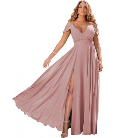 Women's Off Shoulder Long Bridesmaid Dresses Chiffon V Neck Formal Dress with Slit Wedding Party Gowns Dusty Rose $22.00 Dresses