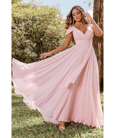 Women's Off Shoulder Long Bridesmaid Dresses Chiffon V Neck Formal Dress with Slit Wedding Party Gowns Dusty Rose $22.00 Dresses