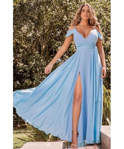 Women's Off Shoulder Long Bridesmaid Dresses Chiffon V Neck Formal Dress with Slit Wedding Party Gowns Dusty Rose $22.00 Dresses