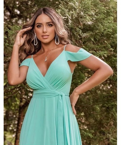 Women's Off Shoulder Long Bridesmaid Dresses Chiffon V Neck Formal Dress with Slit Wedding Party Gowns Dusty Rose $22.00 Dresses