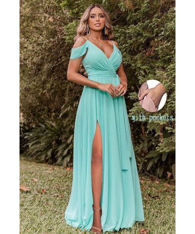 Women's Off Shoulder Long Bridesmaid Dresses Chiffon V Neck Formal Dress with Slit Wedding Party Gowns Dusty Rose $22.00 Dresses