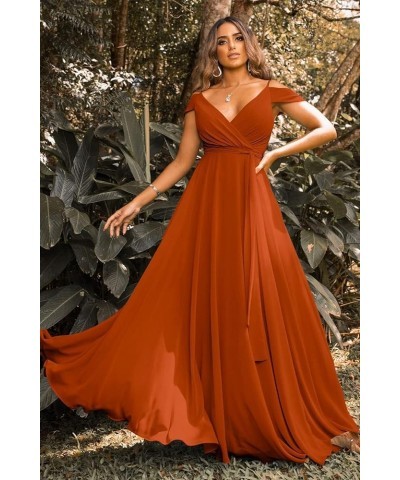 Women's Off Shoulder Long Bridesmaid Dresses Chiffon V Neck Formal Dress with Slit Wedding Party Gowns Dusty Rose $22.00 Dresses