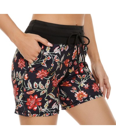 Women's Workout Hiking Shorts Running Athletic Gym Shorts with Pockets Black Red Flower $10.08 Activewear