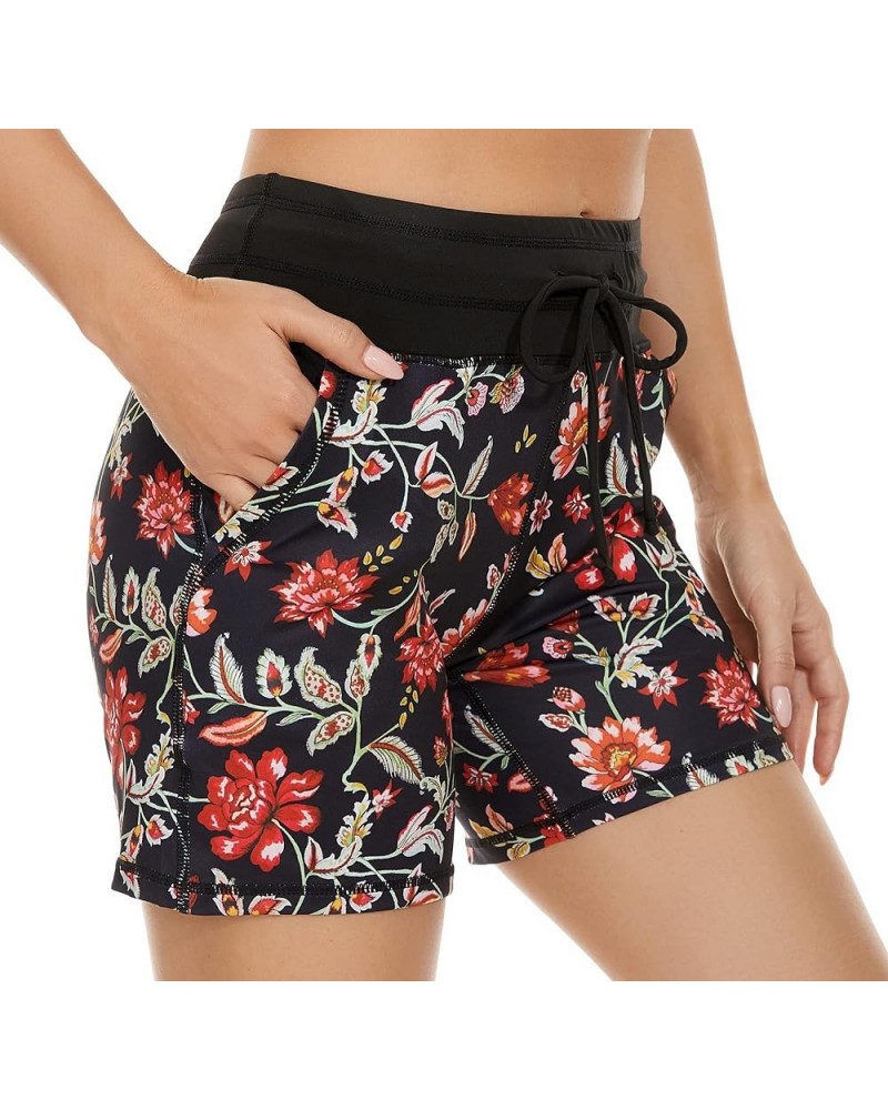 Women's Workout Hiking Shorts Running Athletic Gym Shorts with Pockets Black Red Flower $10.08 Activewear