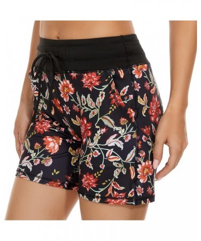 Women's Workout Hiking Shorts Running Athletic Gym Shorts with Pockets Black Red Flower $10.08 Activewear