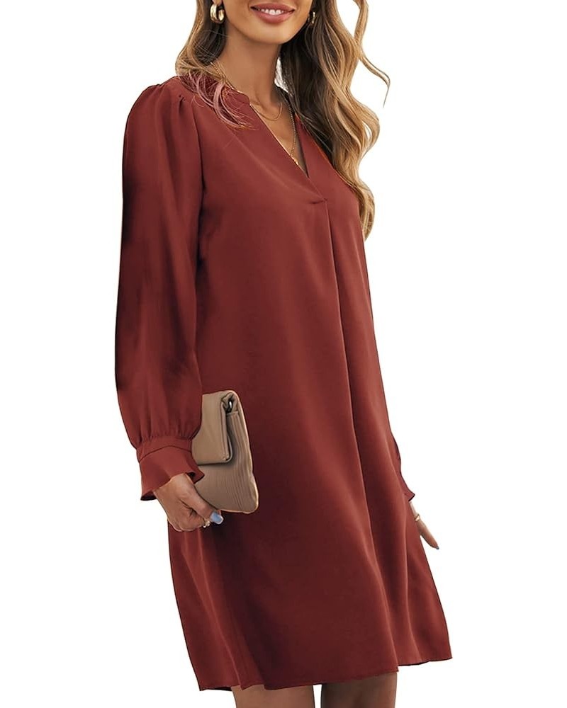 Womens V Neck Long Sleeve Shift Dress Casual Summer Loose Flowy Tunic Shirt Dresses A Brown $18.89 Dresses