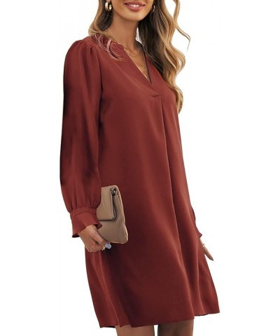 Womens V Neck Long Sleeve Shift Dress Casual Summer Loose Flowy Tunic Shirt Dresses A Brown $18.89 Dresses