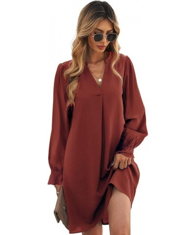 Womens V Neck Long Sleeve Shift Dress Casual Summer Loose Flowy Tunic Shirt Dresses A Brown $18.89 Dresses