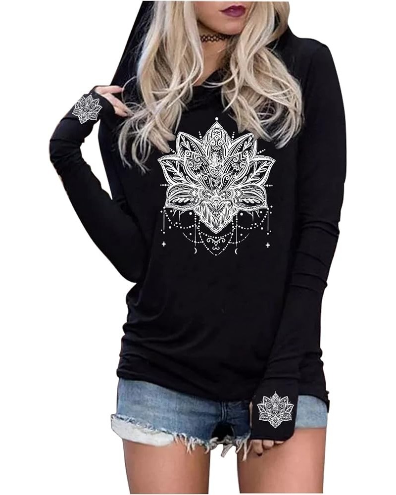 Long Sleeve Hoodie T Shirts for Women Casual Loose-Fit Hoodie Shirt Gothic Novelty Graphic Pullover Tee Tops Mandala Black $1...