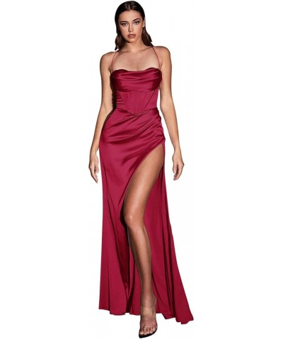 Halter Satin Prom Dresses with Slit 2023 Long Bridesmaid Dress for Women Formal Evening Party Gowns Wine $29.82 Dresses