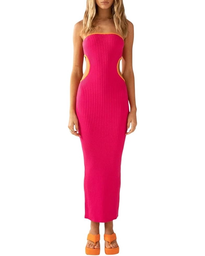 Women Cut Out Knitted Maxi Dress Strapless Backless Low Cut Bodycon Long Dress Tight Wrapped Dress Beach Dress Tube Rose Red ...