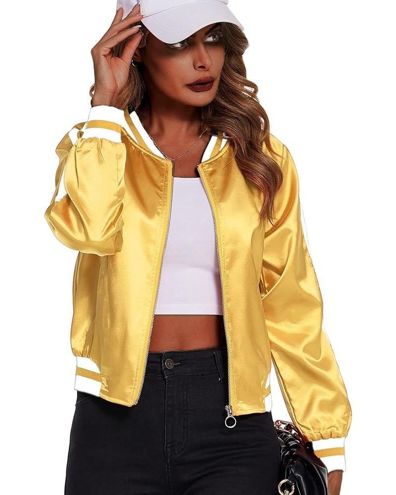 Women's Bomber Jacket Lightweight Zip Up Jacket Casual Striped Jacket Coat Outerwear Windbreaker with Pockets Golden $25.79 J...