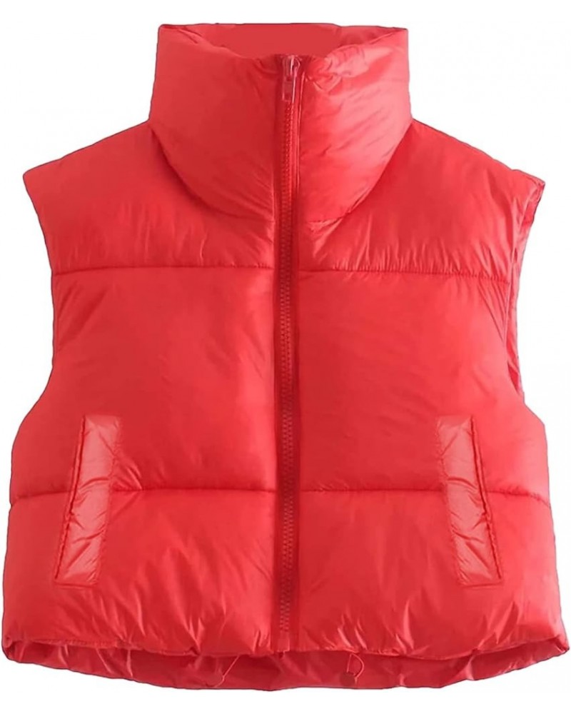 Women Winter Crop Vest Lightweight Sleeveless Warm Outerwear Puffer Vest Padded Gilet Red $13.19 Vests