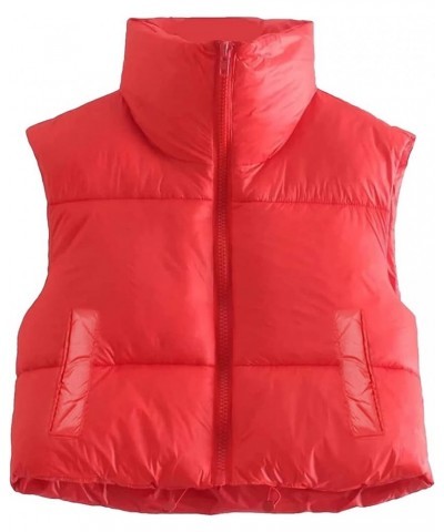 Women Winter Crop Vest Lightweight Sleeveless Warm Outerwear Puffer Vest Padded Gilet Red $13.19 Vests