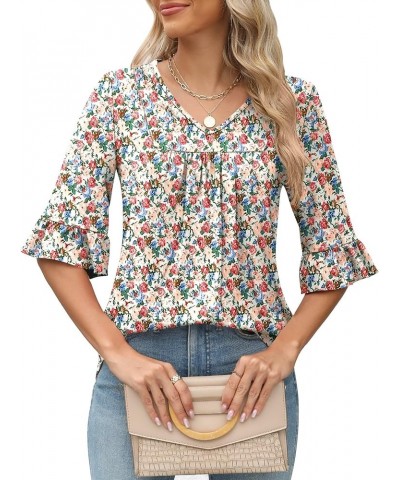 3/4 Sleeve Tops for Women Summer Dressy Casual V Neck Shirts Ruffle Sleeve Loose Blouses White Red Floral $15.80 Blouses