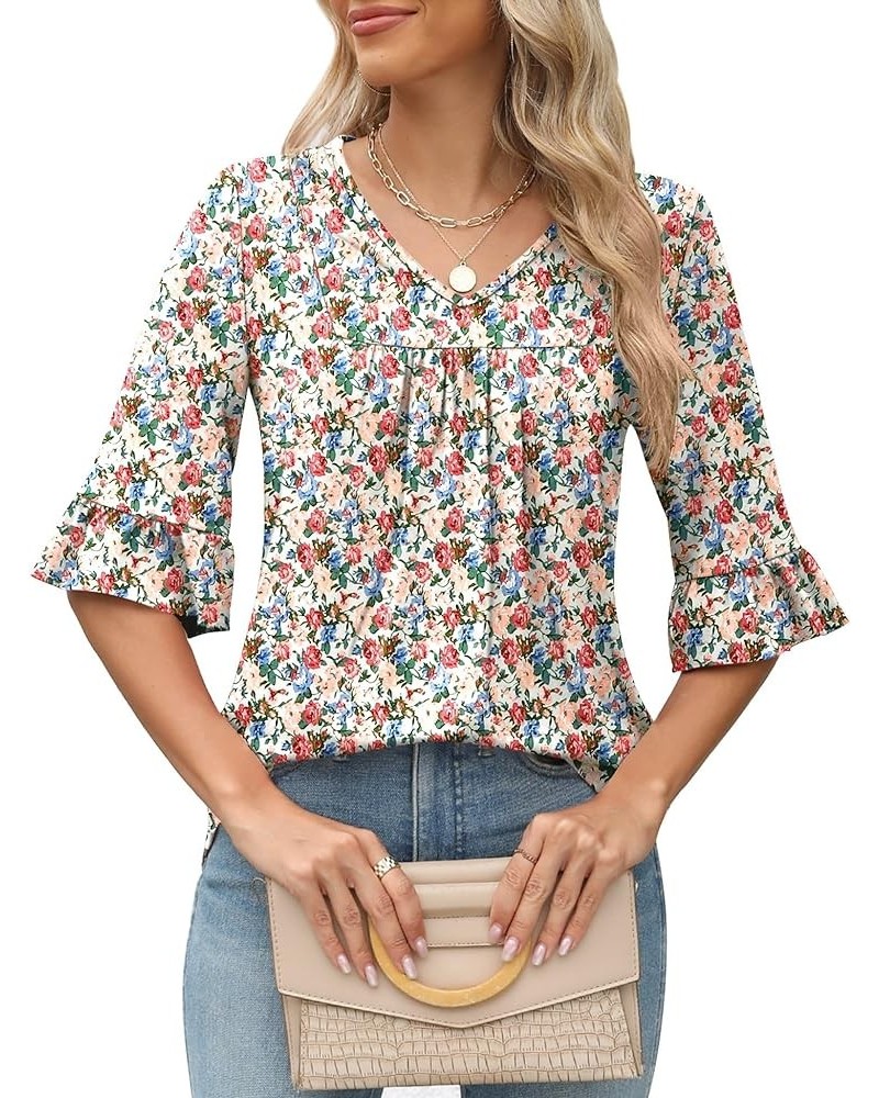 3/4 Sleeve Tops for Women Summer Dressy Casual V Neck Shirts Ruffle Sleeve Loose Blouses White Red Floral $15.80 Blouses