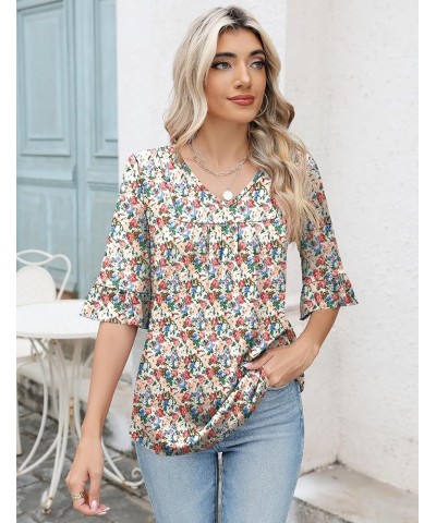 3/4 Sleeve Tops for Women Summer Dressy Casual V Neck Shirts Ruffle Sleeve Loose Blouses White Red Floral $15.80 Blouses