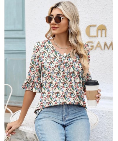 3/4 Sleeve Tops for Women Summer Dressy Casual V Neck Shirts Ruffle Sleeve Loose Blouses White Red Floral $15.80 Blouses