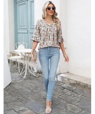 3/4 Sleeve Tops for Women Summer Dressy Casual V Neck Shirts Ruffle Sleeve Loose Blouses White Red Floral $15.80 Blouses