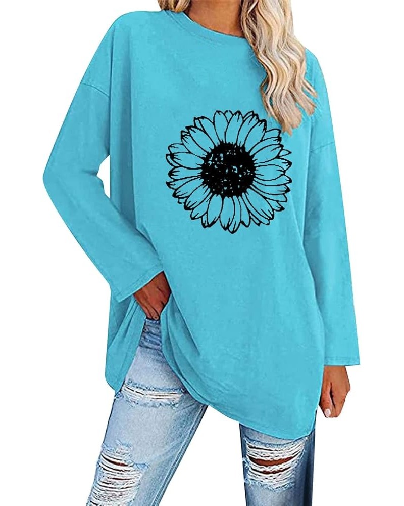 Womens Long Sleeve Tops Women Long Sleeve Oversized T Shirts Loose Sunflower Pinting Casual Crewneck Tunic Sky Blue $11.33 Tops