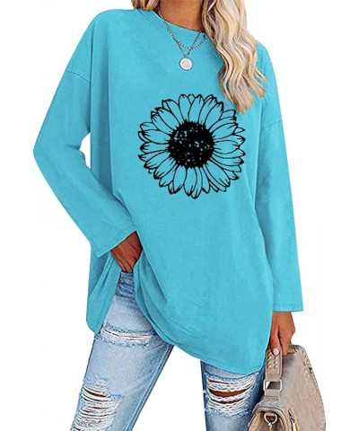 Womens Long Sleeve Tops Women Long Sleeve Oversized T Shirts Loose Sunflower Pinting Casual Crewneck Tunic Sky Blue $11.33 Tops