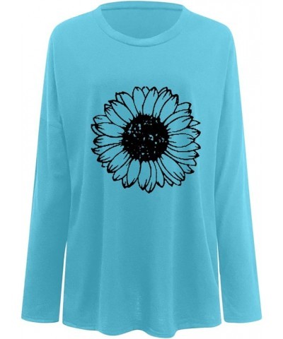 Womens Long Sleeve Tops Women Long Sleeve Oversized T Shirts Loose Sunflower Pinting Casual Crewneck Tunic Sky Blue $11.33 Tops