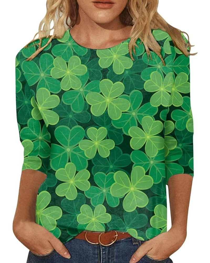 St Patricks Day Shirt St. Green Clover Print T Shirt Holiday Shirts for Women 2024 Crew Neck 3/4 Sleeve T Shirts for Women 02...