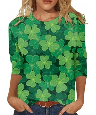 St Patricks Day Shirt St. Green Clover Print T Shirt Holiday Shirts for Women 2024 Crew Neck 3/4 Sleeve T Shirts for Women 02...