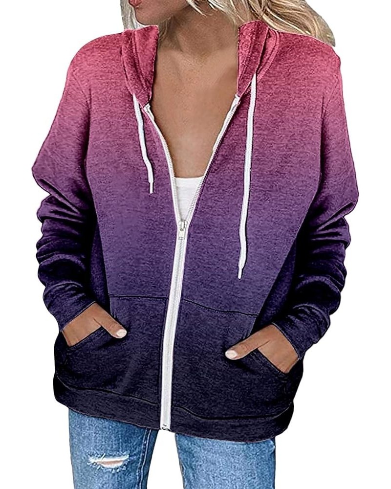 2022 Women Casual Jacket Loose Zipper Hooded Drawstring Jacket Gradient Print Pocket Zipper Sweatshirt Jacket 306-purple $8.6...