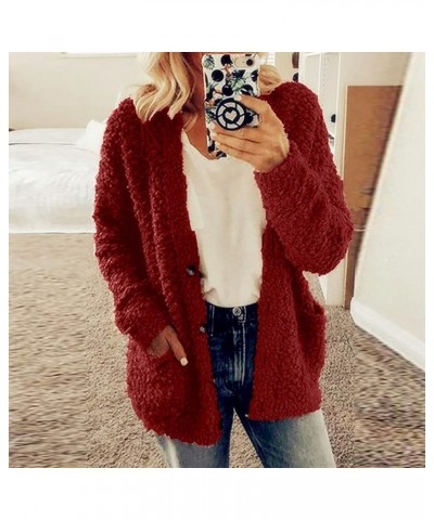 Women's Casual Fashion Loose Solid Color Hat Plus Fleece Collar Pocket Jacket 3-wine $11.57 Jackets