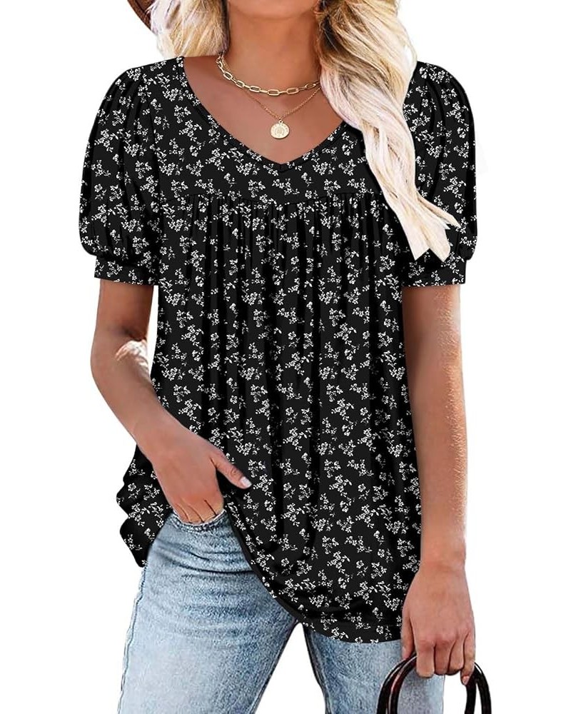 Womens Ruffle Sleeve Summer Tunic Tops V Neck Loose Fit Short Sleeve T Shirts Puffed Black White $16.00 Tops