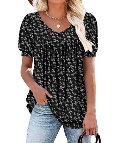 Womens Ruffle Sleeve Summer Tunic Tops V Neck Loose Fit Short Sleeve T Shirts Puffed Black White $16.00 Tops